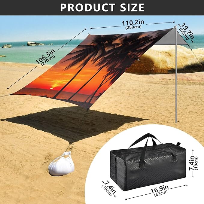Beach Tent Sun Shelter Orange-red Sunset Coconut Tree Lightweight &amp Easy Setup Beach Shade Canopy for Camping Fishing