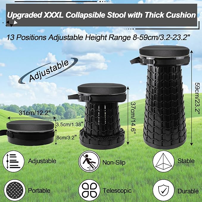ALEVMOOM 2026 Upgraded XXL Collapsible Stool with Cushion &amp Bag Higher 23.2 Heavy Duty Telescoping Stool Max Load 1000 lbs Portable Retractable Folding Seat Chair for Camping Travel