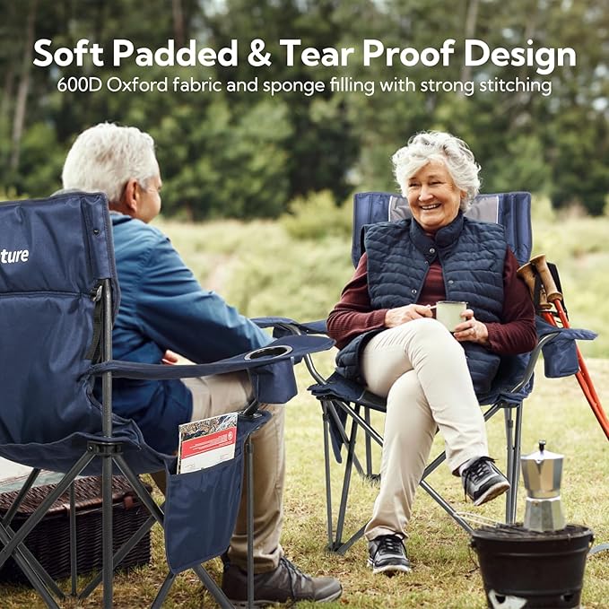 Folding Camping Chairs for Adults Padded Folding Chairs for Outside Heavy Duty with Cup Holders &amp Side Pocket Support up to 500 lbs Blue