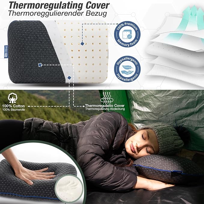 Travel &amp Camping Comfortable Memory Foam Pillow – Easy to Carry Portable Bag – Temperature Regulating Pillow Case - Perfect for Travelling (Grey)