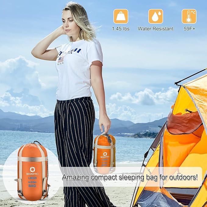 ECOOPRO Warm Weather Sleeping Bag - Portable Waterproof Compact Lightweight Comfort with Compression Sack - Great for Outdoor Camping Backpacking &amp Hiking-83 L x 30 W Fits Adults