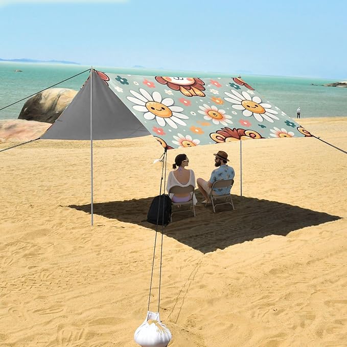 Cute Cartoon Little Lion Face Little Daisy Camping Sun Shelter Beach Tent Portable Beach Sun Shade Outdoor Canopy for Camping Trips Fishing Picnic