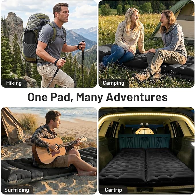 KASBAH Camping Sleeping PadExtra Wide 6 inch Thick Inflatable Sleeping Pads with Built-in Foot Pump and PillowUltralight Camping Mat Gear for Outdoor HikingCamping