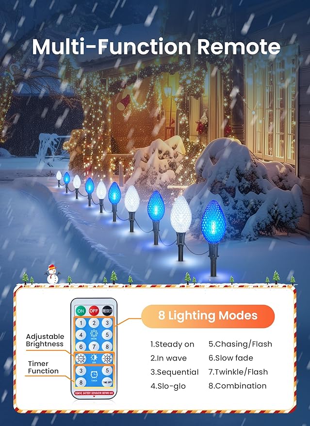 Minetom Solar Double C9 Strawberry Christmas Pathway Lights Outdoor -16FT 10 LED C9 Christma Lights with Timer8 ModesSolar Christmas Outdoor Decorations for Lawn Outside Walkway Blue White