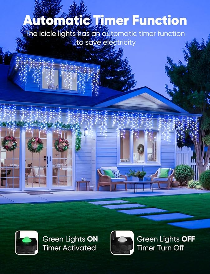 Brightown Cluster Icicle Lights Outdoor Waterproof 33FT 1020 LED Icicle Lights with 51 Drop12 Mode Timer for Christmas Outdoor House Decoration Blue White