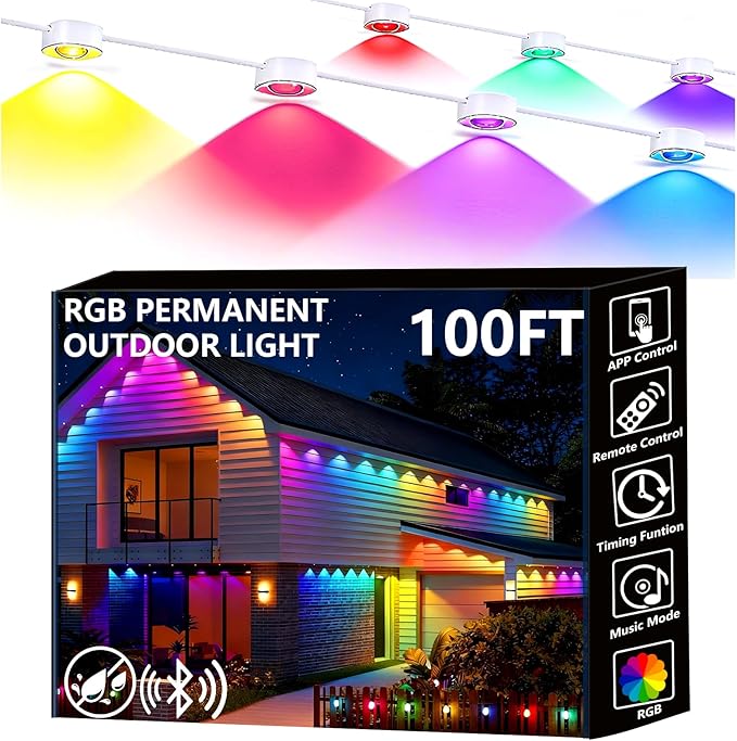 Permanent Outdoor Lights 100ft Smart Eave Lights with RGB LED Light IP67 Waterproof App Control DIY RGB Light for House Halloween Decorations
