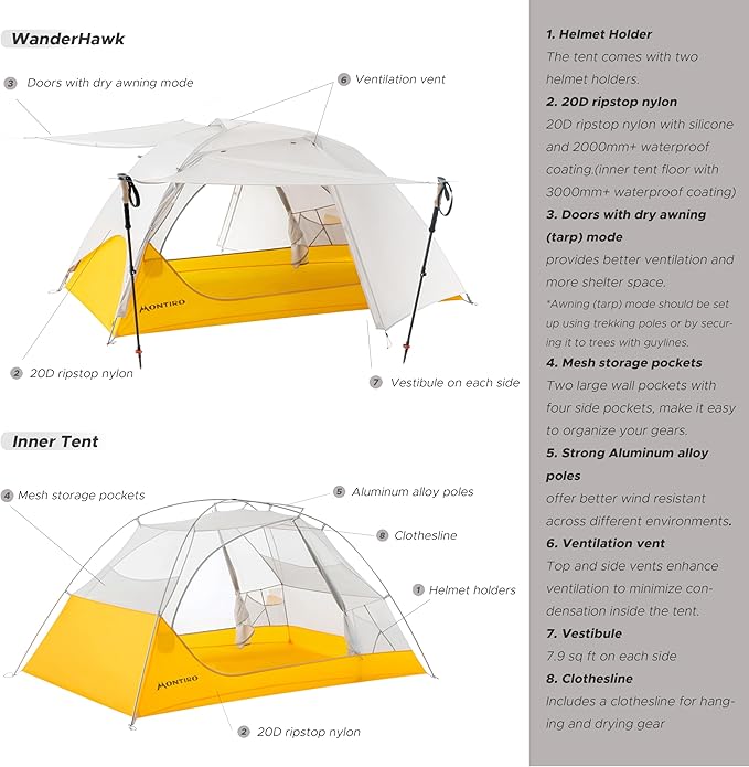 Wander Hawk 1-2 Person Backpacking Tent Lightweight 1 Person / 2 Person Tent for Bikepacking Backpacking Camping &amp Hiking