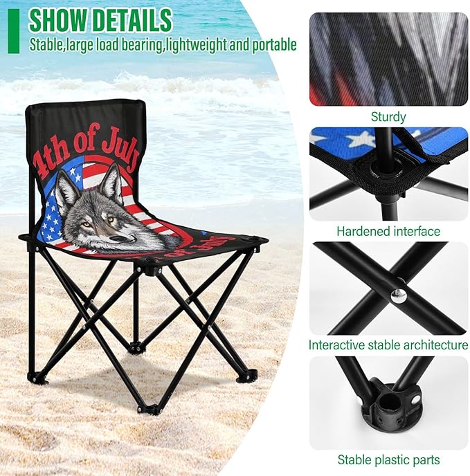 4th of July Independence Day Brown Wolf Compact Portable Chairs for Adults Ultra Lightweight Youth Camping Chair Carry Bag Included Hiking Chairs Backpacking Ultralight for Lawn Indoor