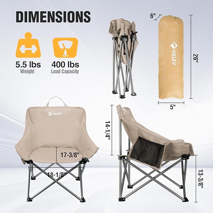 VILLEY Camping Chair Beach Folding Chair Outdoor Lawn Portable Lightweight Chair Foldable Chair with Carry Bag for Outside Hiking Fishing Travel Beach and Sports Beige