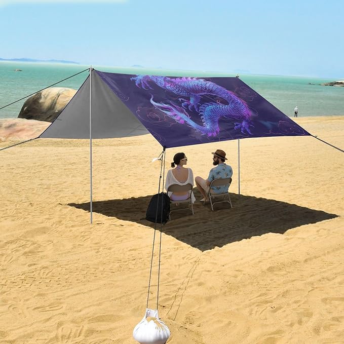 Purple Dragon Beach Tent Sun Shelter 9.2' x 10.5' Beach Canopy with 4 Sandbags 4 Stability Poles Sand Shovels - Tent Canopy for Beach Camping Fishing Picnics
