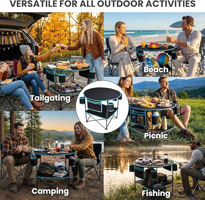 FUNDANGO All in One Tailgate Table Portable Beach Table with Cup Holders Camping Table Foldable with Side Pockets Carry Bag for Camp Outdoor Sand Beach Picnic Fishing Tailgating Essentials