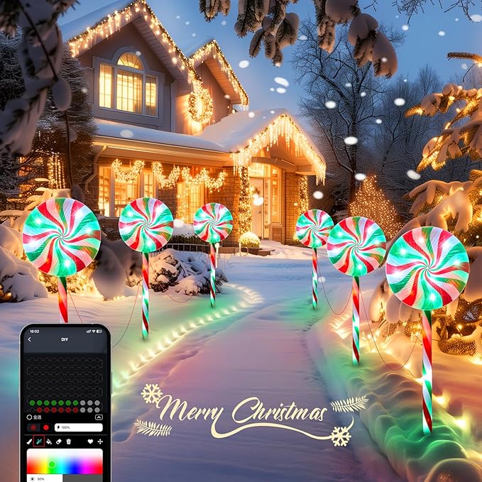 Brightown 6 Pack Smart Lollipop Christmas Pathway Lights Outdoor - 27IN 120 LED Candy Cane Lights with APP Control16 Millions Colors Waterproof Christmas Light Outdoor Decoration for Lawn