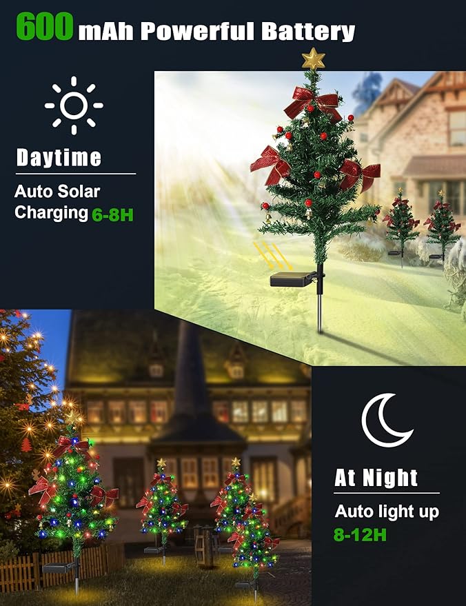 Solar Christmas Decorations Trees Lights Outdoor Waterproof 40LED-Lights Solar Yard Decorative Solar Stake Lights Xmas Tree Garden Decor with Constant &amp Flashing Modes for Pathway Lawn Patio 2P