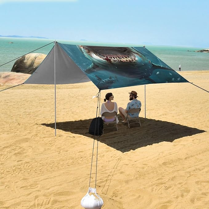 Shark with Opened Mouth Beach Tent Sun Shelter 9.2' x 10.5' Beach Canopy with 4 Sandbags 4 Stability Poles Sand Shovels - Tent Canopy for Beach Camping Fishing Picnics