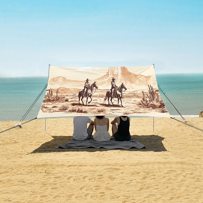 Vintage Western Cowboy Beach Tent Sun Shelter 9.2' x 10.5' Beach Canopy with 4 Sandbags 4 Stability Poles Sand Shovels - Tent Canopy for Beach Camping Fishing Picnics