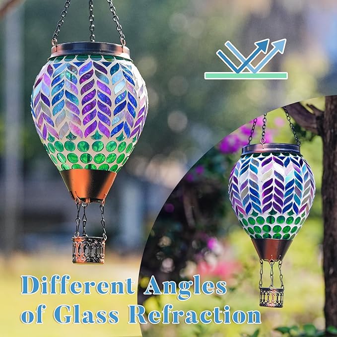 Mosaic Hot Air Balloon Solar Lanterns Outdoor Waterproof Colorful Glass Solar Hanging Lantern Lights for Garden Patio Yard Gifts for Women Mom Grandma