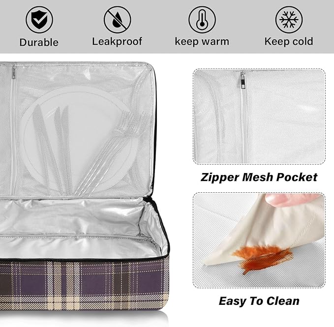 Casserole Carrier Purple and Brown Tartan Plaid Print Insulated Casserole Carrier for Hot or Cold Food Thermal Lunch Tote for Parties Picnic Travel Carry Bag