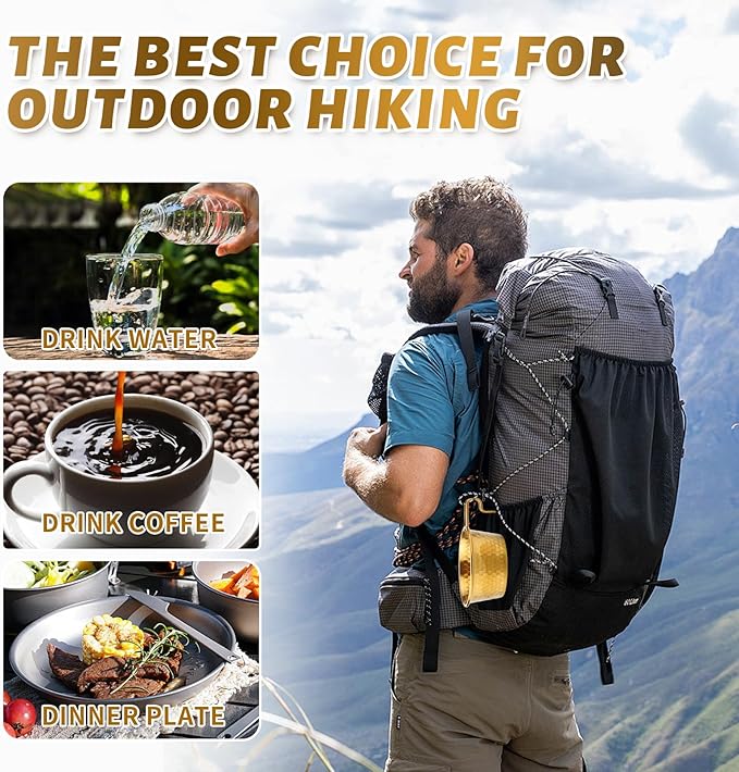 Camping Sierra Cup Set fo 2 304 Stainless Steel Stackable Portable 450ML Sierra Bowl Cup for Camping and Hiking With Free Travel Bag (Gold)