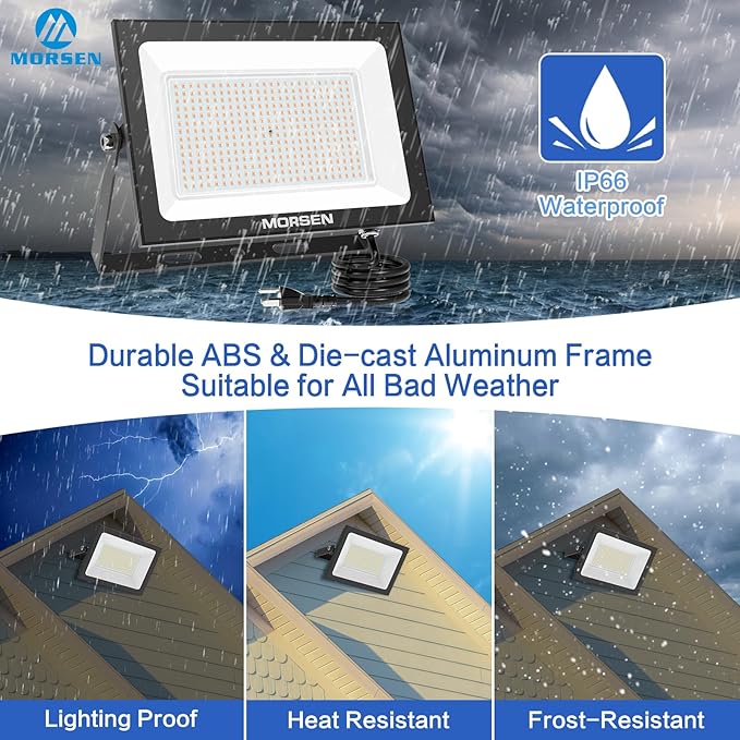 MORSEN 300W Warm White Led Flood Lights Outdoor 3000K Super Bright 45000LM Security Lights with PlugExterior IP66 Waterproof FloodLight for Basketball Court Yard Garden Playground 2 Pack
