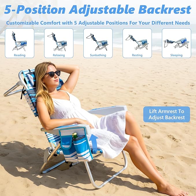 2 Pack Backpack Beach Chairs for Adults Folding Lightweight Beach Chair with Cup Holder and Padded Headrest 5 Positions Aluminum Reclining Heavy Duty Chair for Outdoor Camping PatioSupport 300LBS