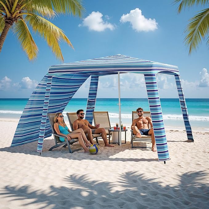 Beach Cabana-6.6x6.6’Beach Canopy with Side WallPortable Umbrella Tent with Sand Pockets for Family &amp FriendsEasy Up Beach Sun Shelter for Outdoor PatiosBackyardsand CampingStripe