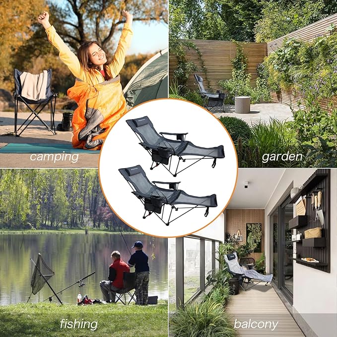 Reclining Camping Chair with Removable Footrest Lounge Chair with Headrest Cotton Cushion Portable Adjustable Folding Chairs