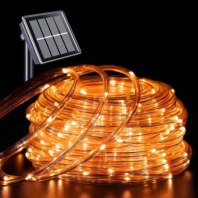 YEGUO Solar Christmas Light Outdoor Waterproof 66ft 200 LED Orange Rope Lights 8 Modes Tube String Lights in Clear Thin Tube