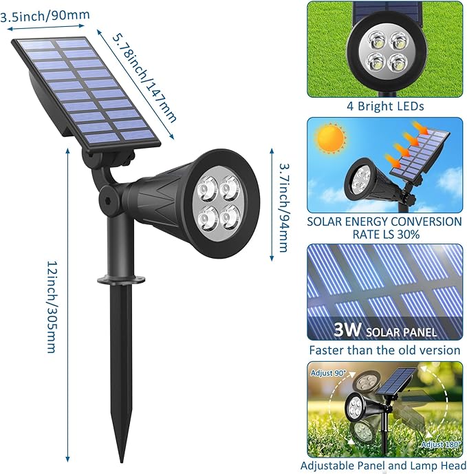 T-SUNUS Blue Solar Lights Outdoor Christmas 2 Modes Garden Spotlights Waterproof IP65 Auto On/Off Security Landscape Pond Spot Light for Tree Flag Patio Garage Yard Driveway Pool Halloween 2 Pack