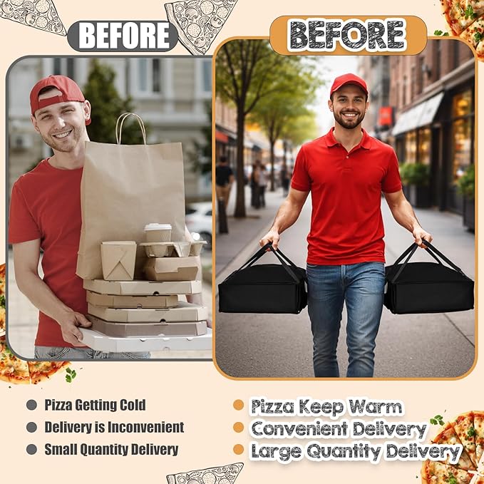 LemonRoad 3 Pcs Pizza Delivery Bag with 4 Cup Holder Insulated Food Grocery Bag 20 x 20 x 8 Pizza Warmer Bags for Carry Hot Catering Delivery Driver Essentials (Black)