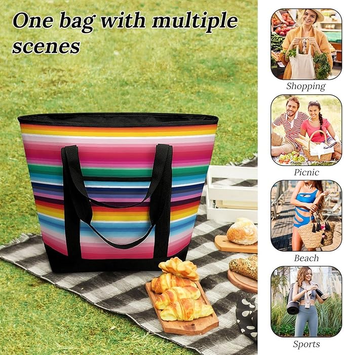 Insulated Shopping BagLarge Reusable Cooler Bags Colorful Mexican Stripes Printed Foldable Shopping BagTravel Waterproof Shoulder Bag