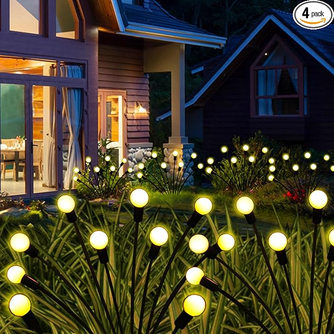 Solar Garden Lights Outdoor 4 Pack 40 LED Solar Firefly Lights Waterproof Sway by Wind Swaying Light for Yard Patio Backyard Garden Planter Flower Bed Pathway Outdoor Decoration (Warm White)