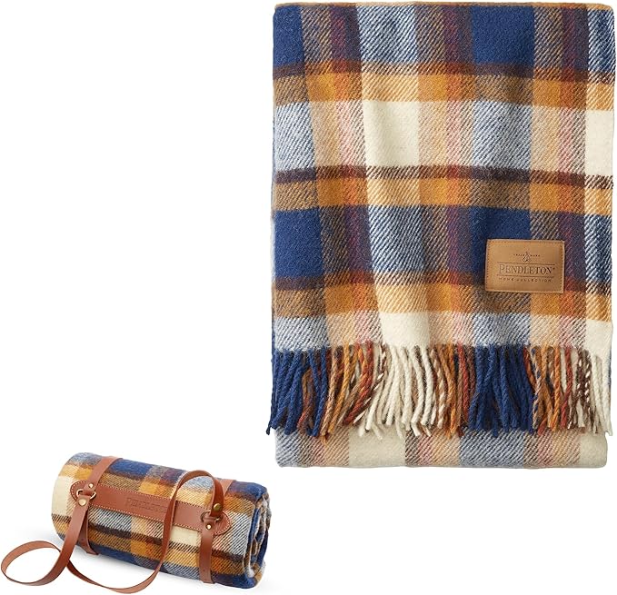 Pendleton Camping Blanket Motor Robe with Leather Strap Carrier - Virgin Wool Backpacking Blanket for Warmth and Comfort Outdoor Adventures Travel Picnics and Cozy Home Comfort