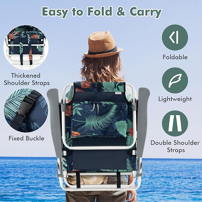 Backpack Beach Chair 5 Position Adjustable Camping Chairs with Head Pillow Cooler Bag Towel Bar Cup Holders Portable 2-Pack Folding Beach Chairs for Adults (Without Table Floral Pattern)