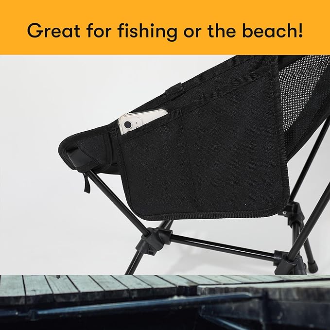 D-LO Ultralight Camping Chair - Black - Upgraded Dual Pocket - High Strength 600D Oxford Fabric - 7075 Aluminum Alloy - Great for Camping Hiking Lounging