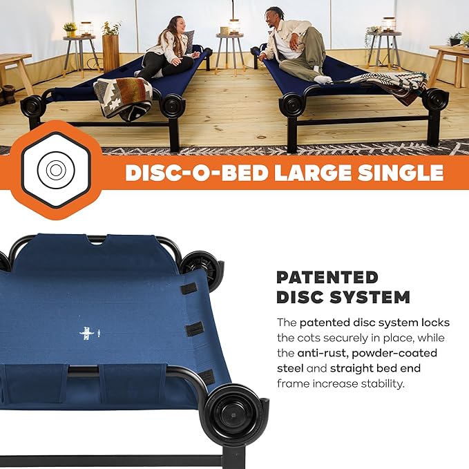 Disc-O-Bed Large Outdoor Modular 1 Person Single Camping Cot Portable Bed for Adults Sleep Solution for Tents Navy