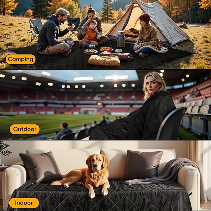 Northroad Waterproof Camping Blanket with Sherpa Lining Large Windproof Outdoor Blanket for Cold Weather Light Weight and Warm for Picnic Stadium Dog Concert 55x82 (Black 1PCS)