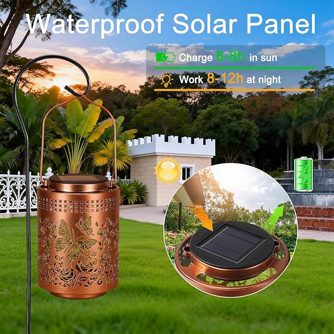 Solar Lanterns Outdoor Waterproof Box Packaging Butterfly Garden Decor Gifts for Women Mom Grandma Hanging Solar Lights Metal Garden Decoration Outside for Yard Patio Backyard Porch for Gift