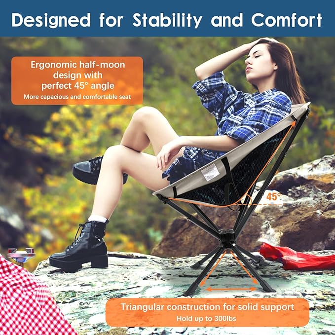 Portable Camping Chair 2 Pack 8 Seconds Quick Setup Folding Camping Chair Flexible 360° Rotation 3.8Lb Lightweight Travel Chairs for Easy Carry to Hiking Sporting Beach Khaki