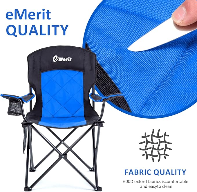 EMERIT Oversized Padded Camping Chair 350LB Heavy Duty Quad Fold Chair with Arms Collapsible Outdoor Chairs with Lumbar Back &amp Cup Holder