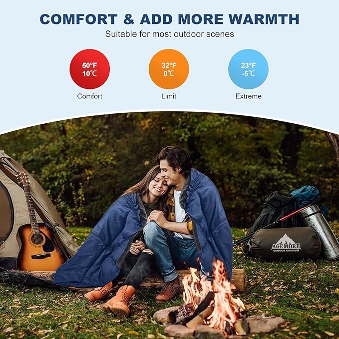 AGEMORE Cotton Flannel Double Sleeping Bag with Fleece Lined Hood Waterproof Queen Size 2 Person Sleeping Bag for Adults Cold Weather Camping Backpacking or Hiking 3-4season