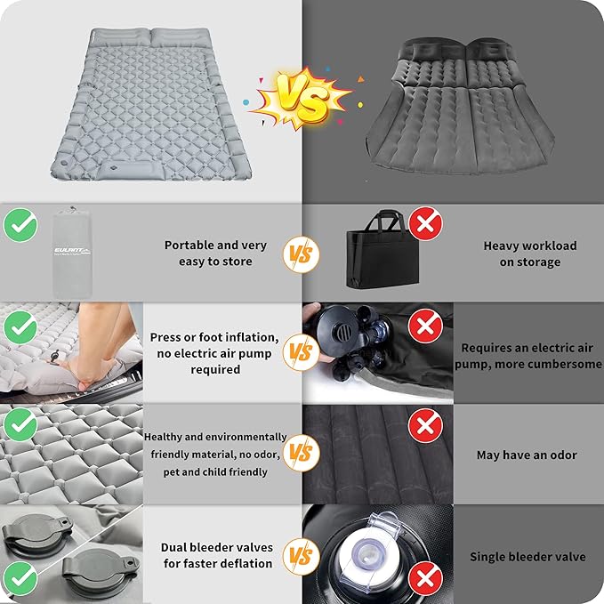 Inflatable Car Air Mattress SUV Air Mattress for Travel Camping Ultralight Camping Bed with Pillow and Built-in Foot Pump Portable Sleeping Pad for SUV -Grey