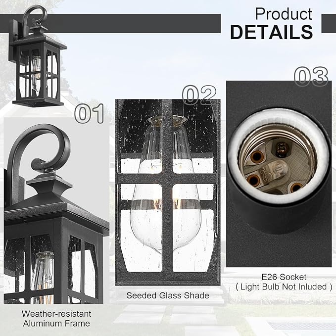 Darkaway Outdoor Light Fixtures Wall Mount Outdoor Wall Lights Exterior Lighting Fixtures Waterproof Black Outside Wall Sconce with Seeded Glass for House Porch Hallway Garage Front Door