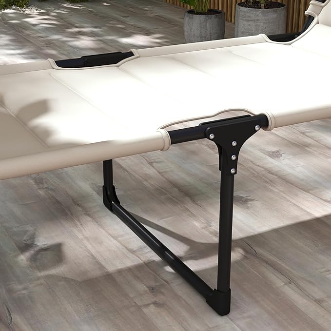 2 Pcs Outdoor Lounge Chair Adjustable Backrest Folding Chaise Lounge Cushioned Tanning Chair w Sunshade Roof Pillow Headrest for Beach Camping Hiking Cream White