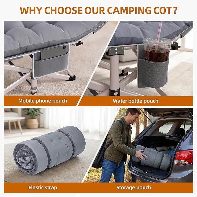 Camping Cot for Adults Heavy Duty Folding Sleeping Cot with Carry Bag Portable Camp Bed with Double Layer 1200D Oxford Fabric 10 Support Legs Travel Cot for Camping Beach Tent Home Office