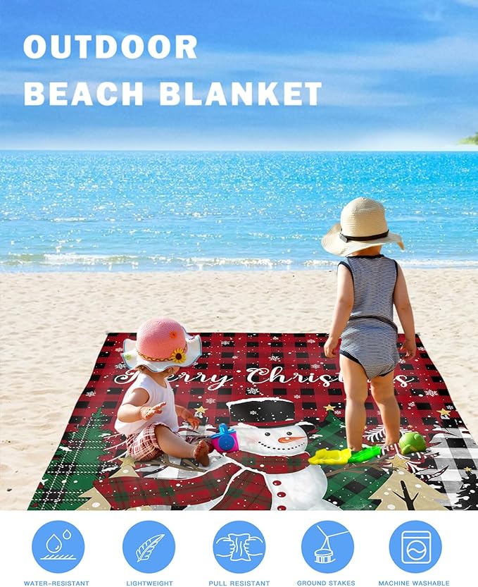 Beach Blanket Waterproof Sandproof Merry Christmas Snowman Pine Tree Quick Drying Beach Mat with 4 Stakes Snowflake Red Black Buffalo Plaid Lightweight Picnic Blanket for Travel Camping 83x79