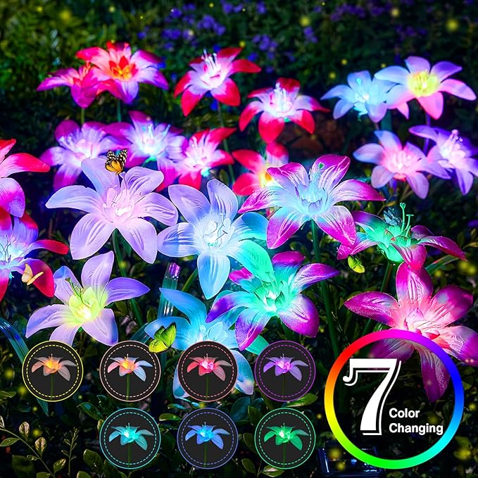 Solar Garden Lights Outdoor 4 Pack Blooming Lily Solar Flowers Outdoor Waterproof 7 Color Changing Bigger Flower Lights for Yard Patio Decor Gift for Mom