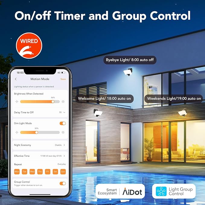 OREiN Smart Flood Lights Outdoor 2700K-6500K CCT Dusk to Dawn LED Security Lights with APP Control 24W=200W. 1%-100% Brightness IP65 Waterproof Bluetooth Conncected Floodlight 1 Pack (Hardwired)
