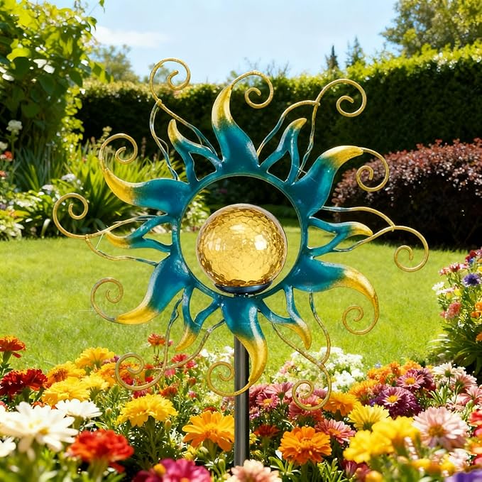 Solar Lights Outdoor Garden Decor Blue Metal Sun Crackle Glass Globe Stake Waterproof 30LED Decorations Unique Gifts for WomenMomOutside PatioLawnYardPathway