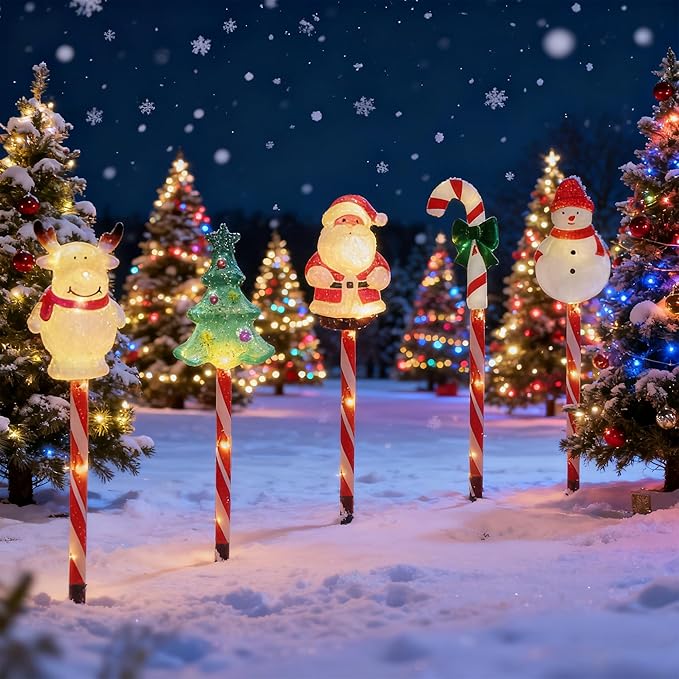 5 Pack Christmas Pathway Lights-Solar Powered Outdoor Garden Snowman Santa Claus Elk Christmas Tree Candy Cane Path Lights Landscape Lighting Waterproof Decorative Lights