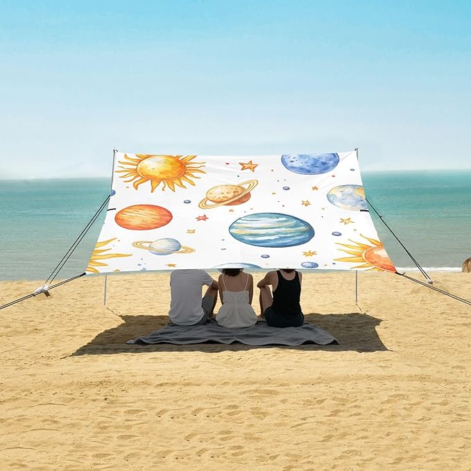 Beach Tent Sun Shelter Hand-Painted Planet Sun Lightweight &amp Easy Setup Beach Shade Canopy for Camping Fishing